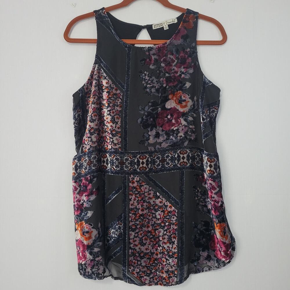 Sleeveless Dark Floral Velvet Burnout Top size S Black Multi Boho Fairy Grunge